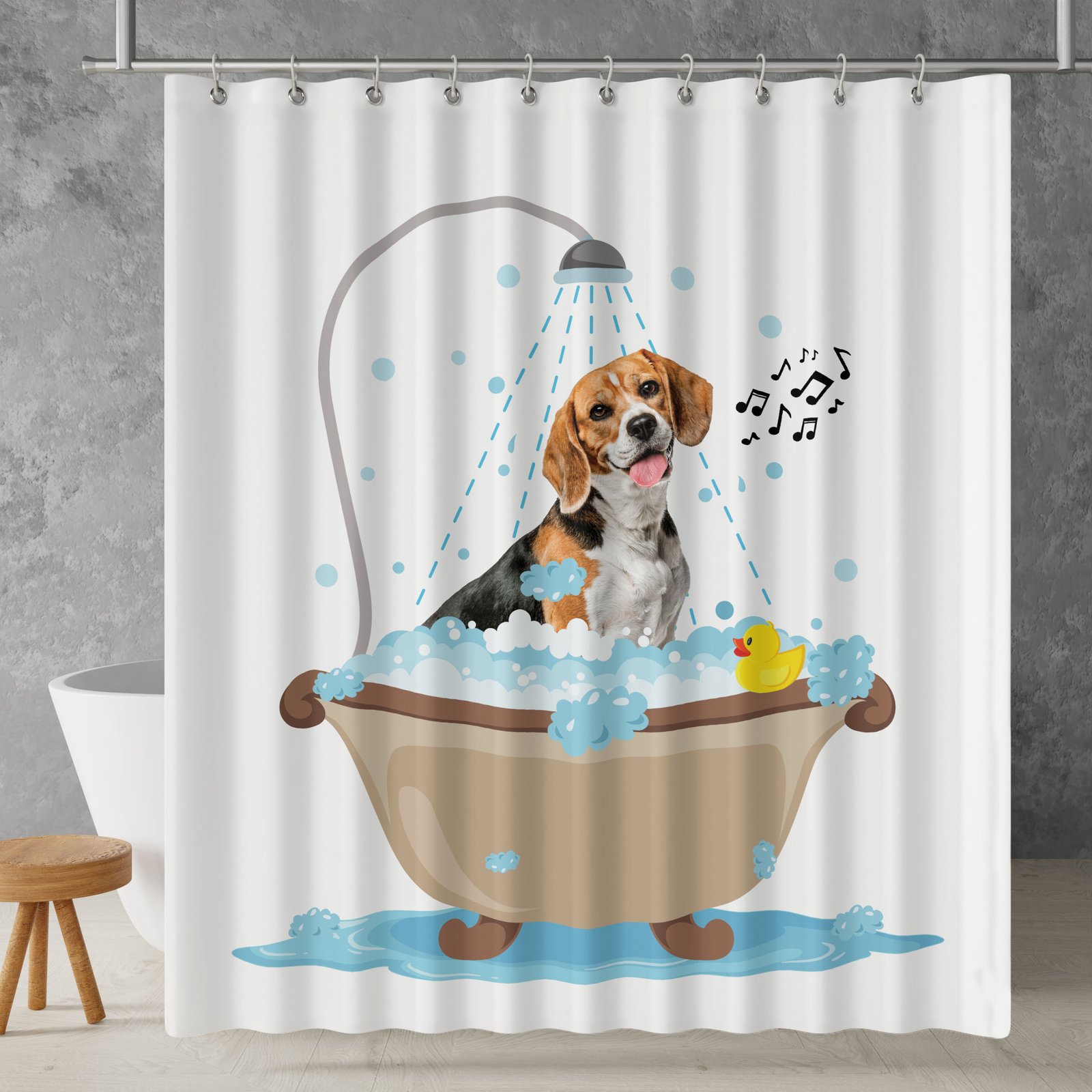 Beagle Having a Bath in a Tub with Yellow Duck Music Bubbles Theme Curtain for Bathroom