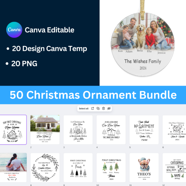 50 Custom Christmas Acrylic Ornament Designs Bundle Canva Editable!