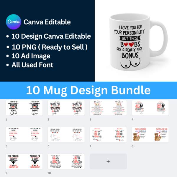 10 Valentine ShineOn Mug Designs Bundle Canva Editable!